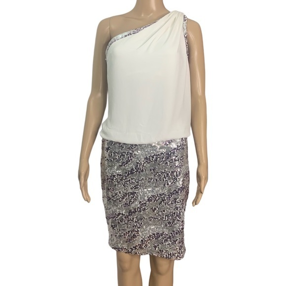 Vintage New 80’s/90’s Cache White Silver Sequined One Shoulder Party Dress Club